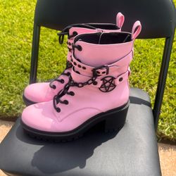Pink Combat Boots with Black Chain & Pentagram Detail