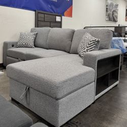 NEW Sectional Pull Out Sleeper / Sofa Bed,Drop Down Table w/ Cupholders, Chaise w/ Large Storage, Track Arms w/ Bookcase, USB-A & USB-C Charging Ports