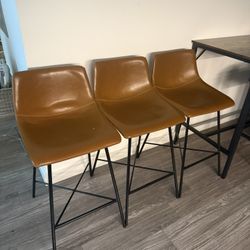 Set of 3 Modern Brown Leather Bar Stools – $100 for All