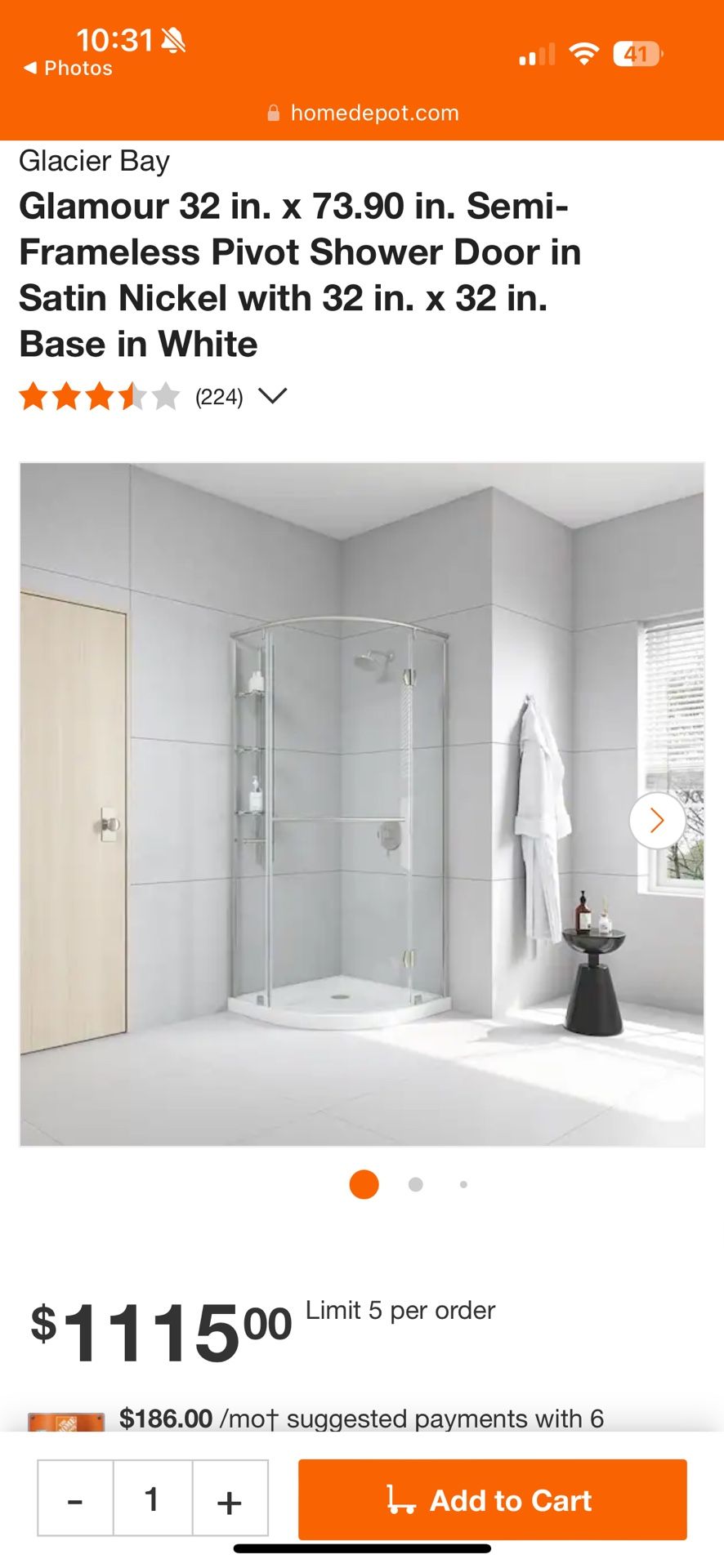 Glamour 32 in. x 73.90 in. Semi-Frameless Pivot Shower Door in Satin Nickel with 32 in. x 32 in. Base in White