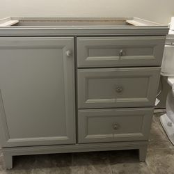 Bathroom vanity 36” wide, 21.5” deep, 34..75” tall.