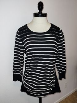 IZ Byer Women's Black White Striped Career Office Blouse Lace Shoulder Size XL