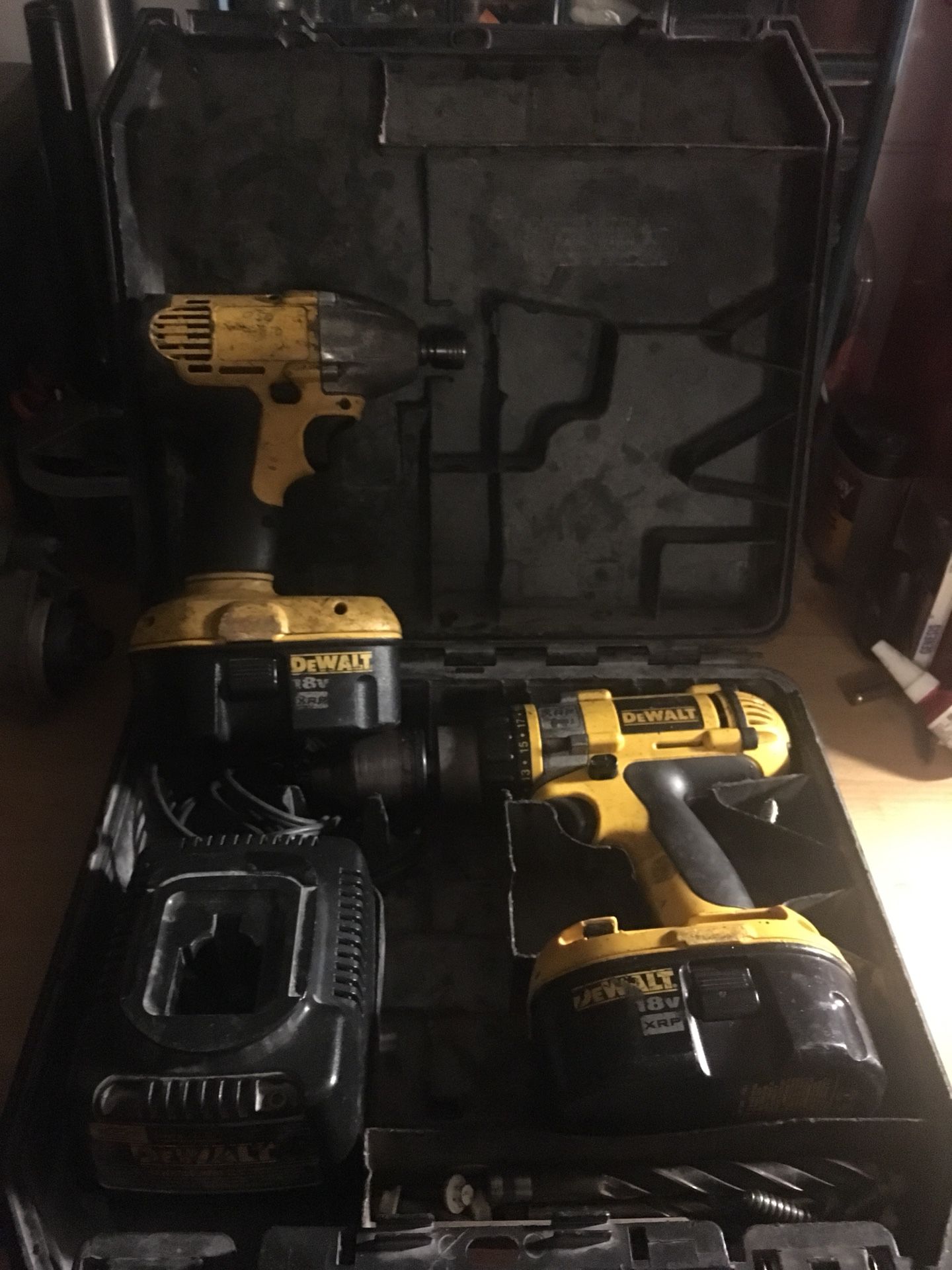 18 volt dewalt drill & impact set with 2 batteries and case ( trade for nice wheelbarrow)