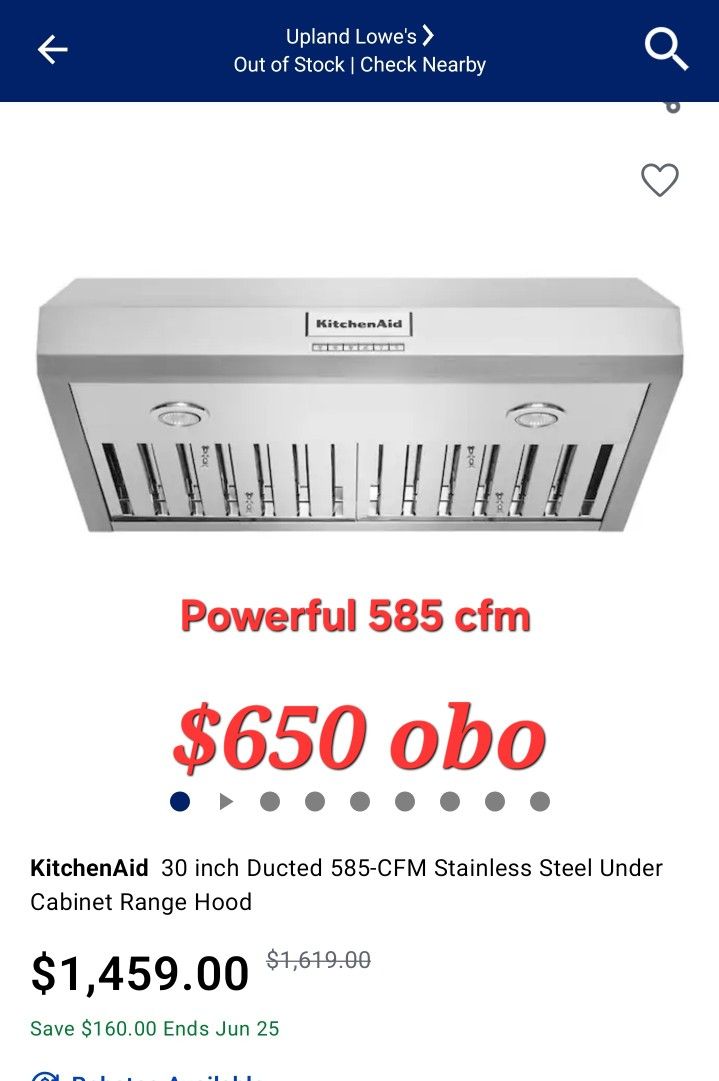 NEW KITCHEN AID RANGE HOOD 585 CFM