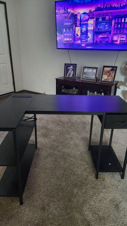Black L-Shaped Desk with Shelves and Drawer