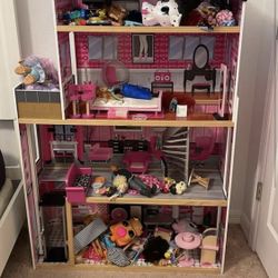 Large 4 Feet 5” Doll House With Garage Attachment & Dolls For $80
