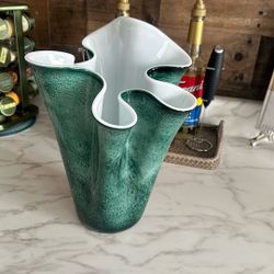 Green And White Polish Art Glass Vase 