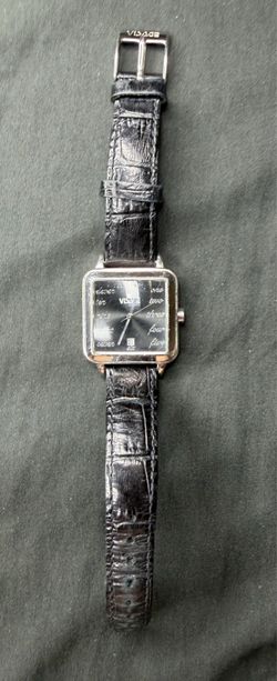 Vintage Visage 32120 Quartz Watch Black Script Dial Date Leather Strap