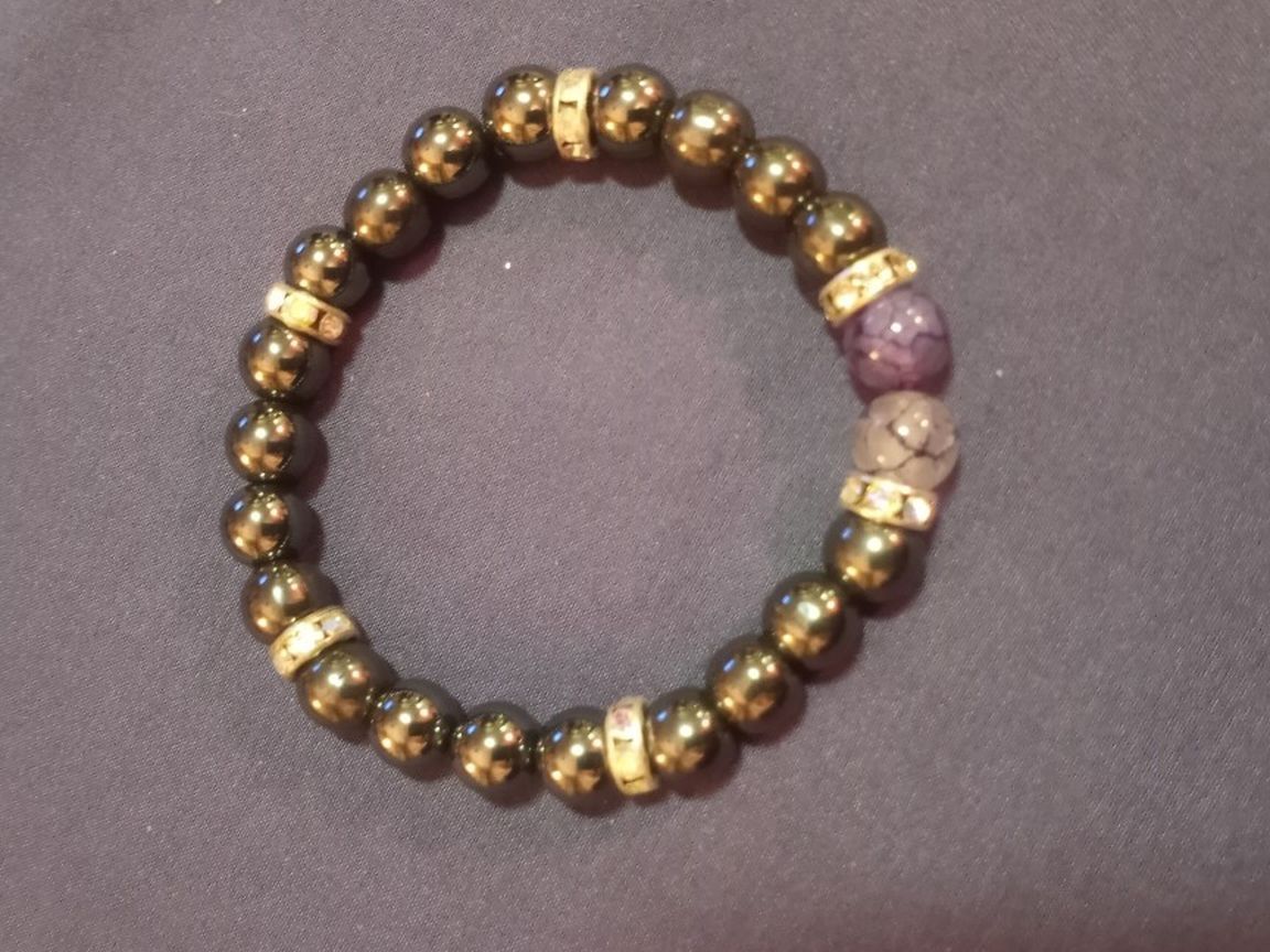 Therapeutic Hematite And Dyed Purple Agate Bead Bracelet