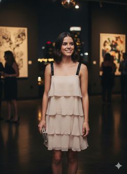 🥂 Forever 21 Tiered Ruffle Mini Dress - Nude/Tan with Sequin Straps (Size L) ✨