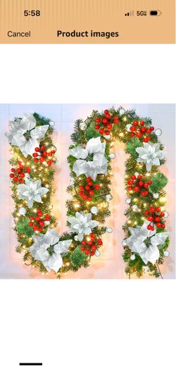Pre-lit  9FT Christmas Garland, Green Rattan with Silver Flower Decorations and Battery Operated LED Lights for Home Stairs Fireplace Front Porch Door