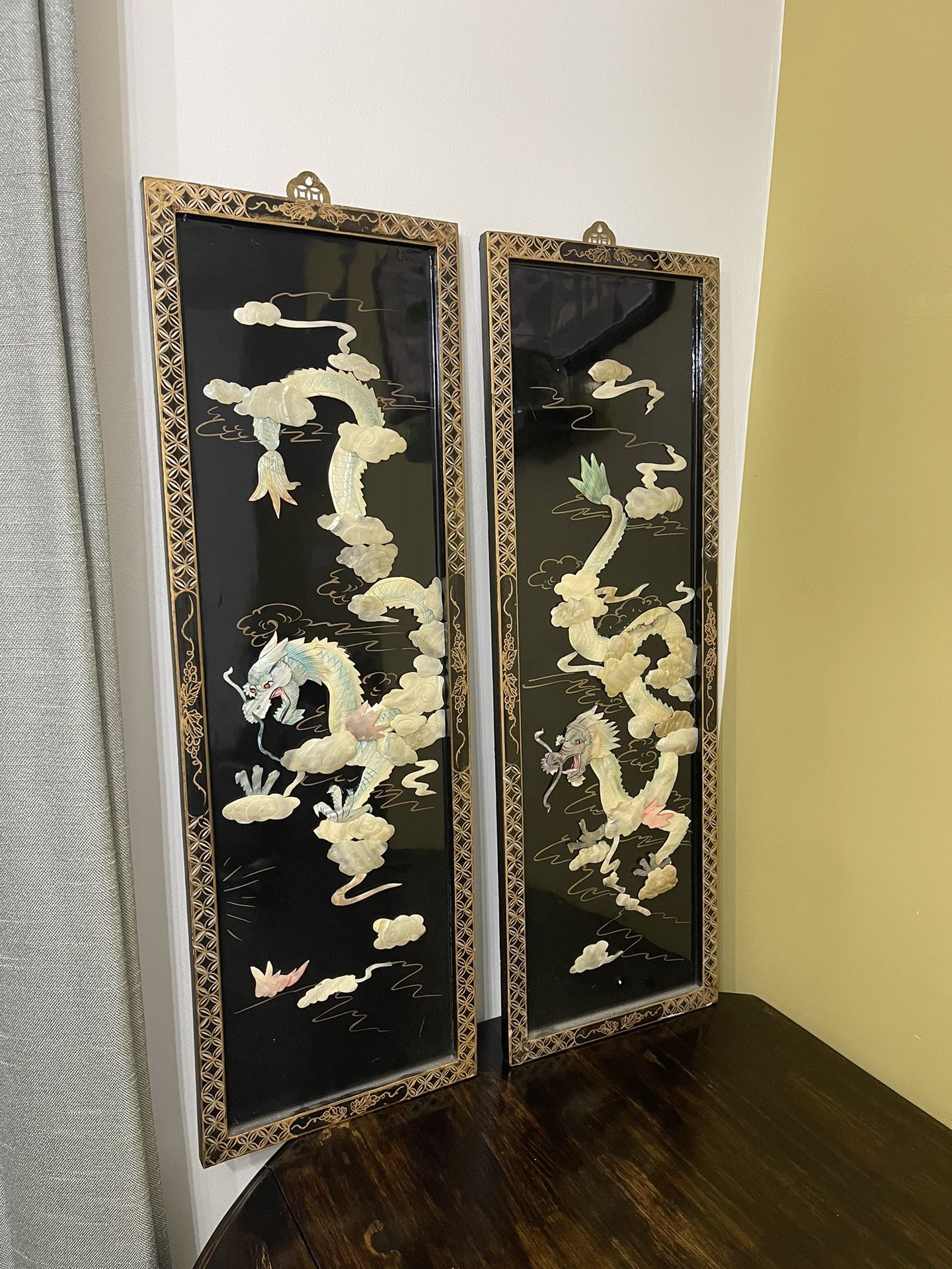 Antique Asian Art Black Lacquer Wall Panels