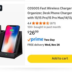 COSOOS Fast Wireless Charger with Desk Organizer, Desk Phone Charger Compatible with 15/15 Pro/15 Pro Max/14/13/12/11/XS