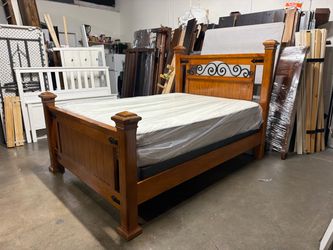 Wood Bed Frame with Iron Scroll Headboard
