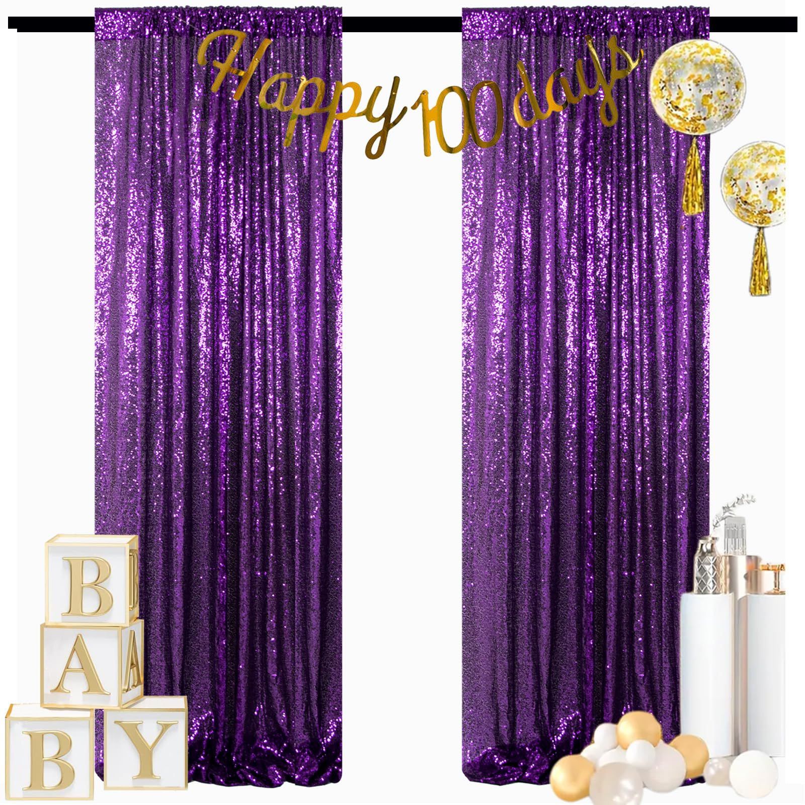 ShinyBeauty 2-Pack Purple Sequin Backdrop 7x7FT - Glitter Photo Backdrop For Halloween, Photoshoots, Parties | Shimmer Wall Drapes For Studio Decor &