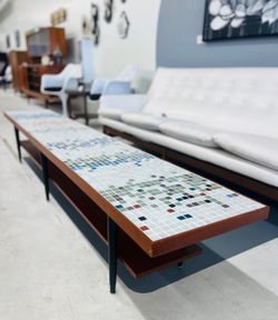 Danish Mid-Century Modern Mosaic Tile Top + Walnut Coffee Table