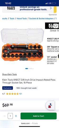 Klein Tools KNECT 3/8-Inch Drive Impact-Rated Pass Through Socket Set, 15-Piece