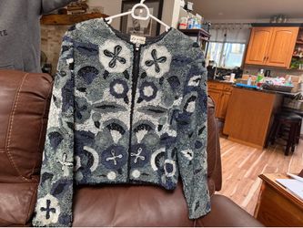 Silk Cocktail Jacket by Life & Style Broquet Sequin Beaded Black, Blue, and Gray