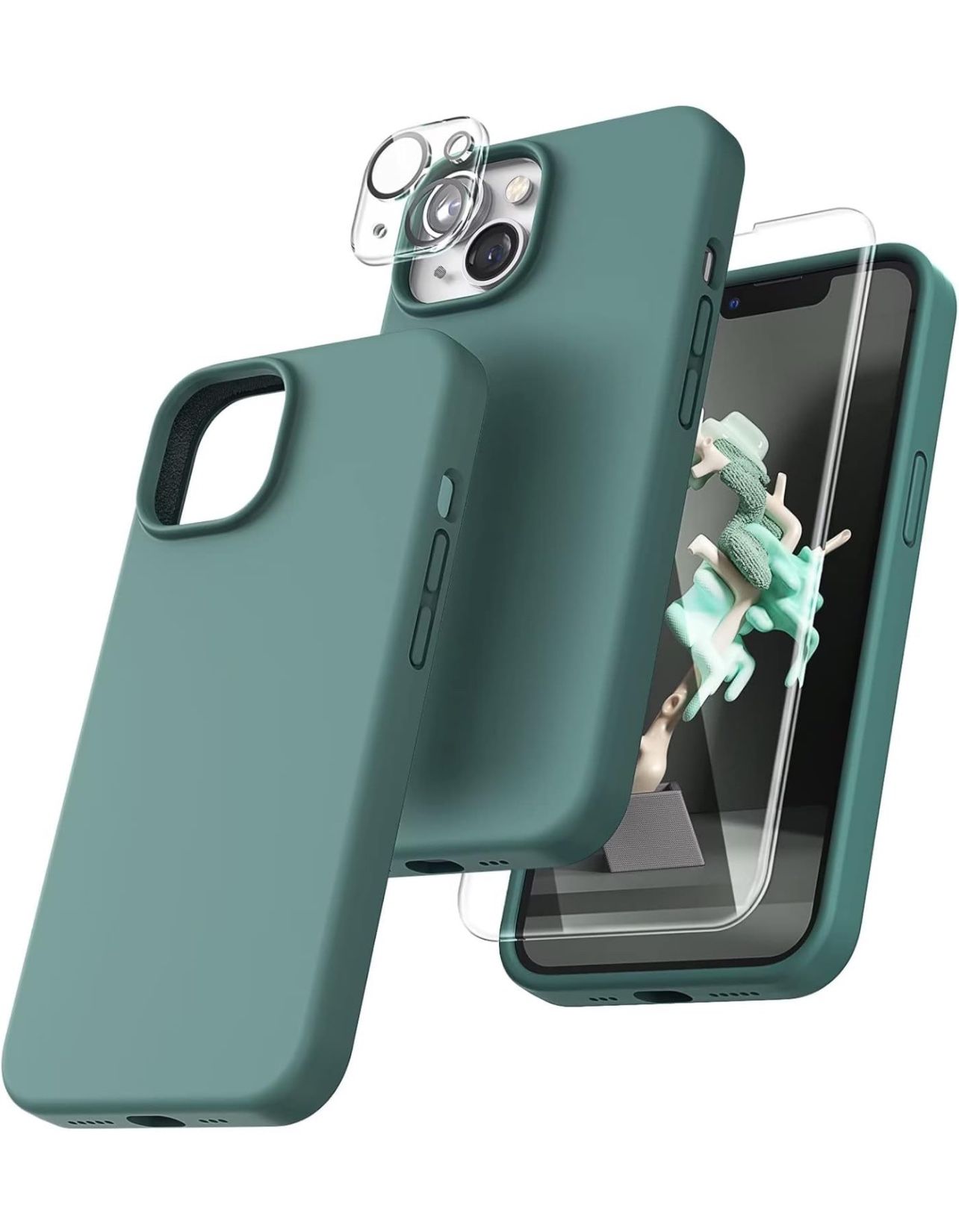 5 In 1!! iPhone 14 Plus Case, 2X Screen Protector + 2X Camera Lens Protector, midnight green