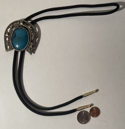 Vintage Bolo Tie Silver And Turquoise Stine Horseshoe Design Thumbnail