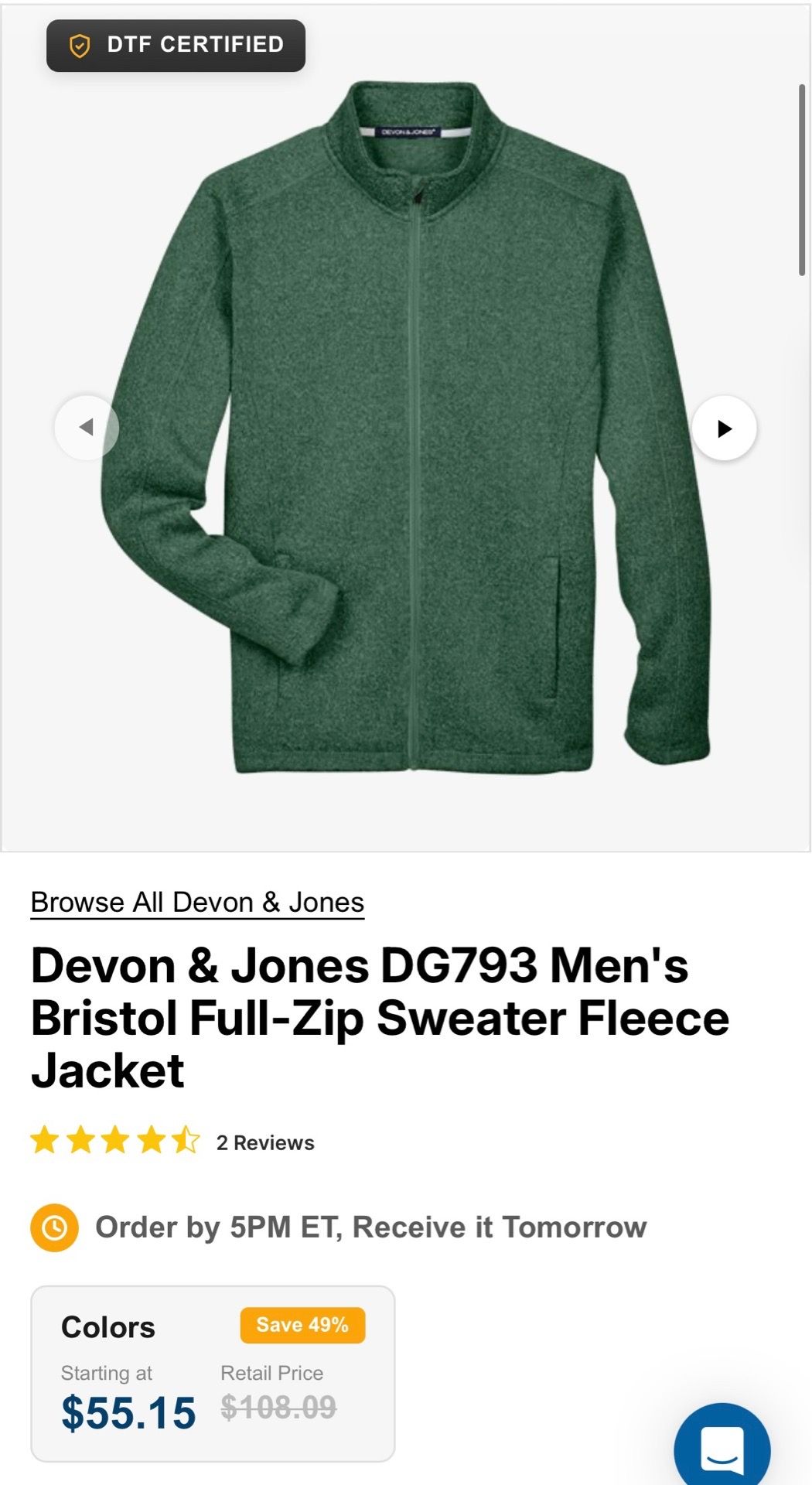 12 Brand new Devon & Jones full-zip sweater fleece jackets in Forest Heather green.