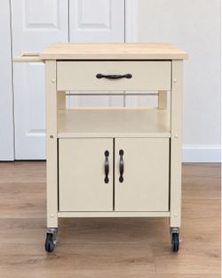 Cream Rolling Kitchen Cart with Drawer & Cabinet Storage