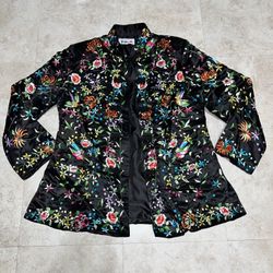 Vintage Chinese Qi Pao Jacket Sz 38 Black Satin Floral Bird Embroidered