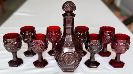 VTG Avon 1876 Cape Cod Ruby Red Glass Wine Decanter & 8 Goblets Set w/ Stopper