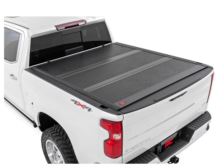 Rough Country Hard Tri-Fold Tonneau Cover For Chevy Silverado & GMC Sierra 1500/2500HD/3500HD (2014-2019) - Low-Profile Aluminum Truck Bed Cover, Fits