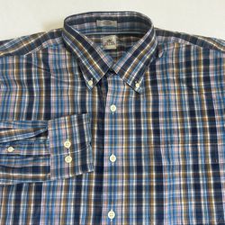 Peter Millar Men’s Medium Blue Plaid 100% Cotton Long Sleeve Button Up Shirt