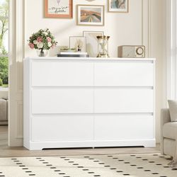6 Drawer Double Dresser, 47.2'' Wood Storage Side Cabinet Chest of Drawer for Bedroom Living Room, White