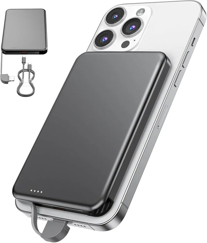 MagSafe Portable Charger, 0.3" Ultra Slim 5000mAh Magnetic Power Bank, 25W PD Fast Charging Battery Pack with Built-in Cable