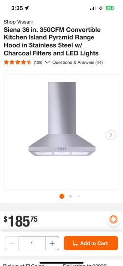 Shop Vissani Siena 36 in. 350CFM Convertible Kitchen Island Pyramid Range Hood in Stainless Steel w/ Charcoal Filters and LED Lights