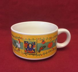 Barbara Olsen chili or soup mug folk art farm theme pumpkins Bon Apetite