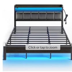 Rolanstar Bed Frame King Size With Charging Station And LED Lights PU Leather Headboard