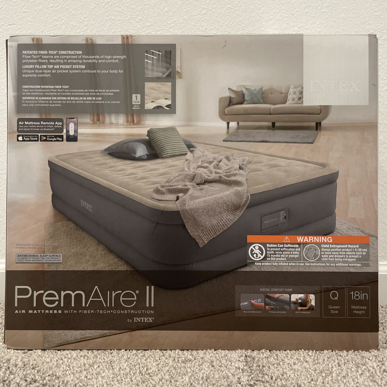 Intex PremAire II Air Mattress: Queen Size – Built-in Electric Pump – 18in NEW