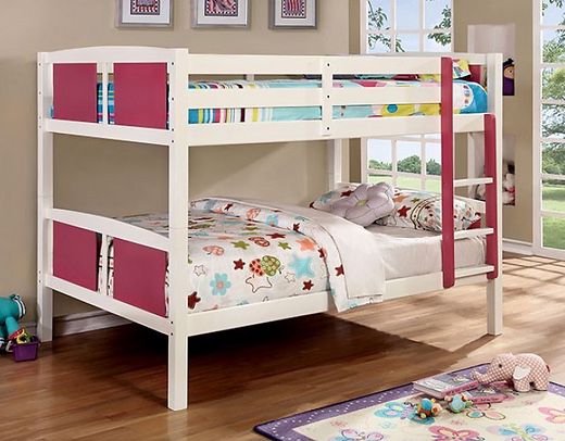 New Coral Pink & White Wood Full Over Full Size Bunk Bed With Mattresses