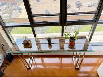 Live Edge Wood Console Table w/ Glass Top & Chrome Legs – 65"