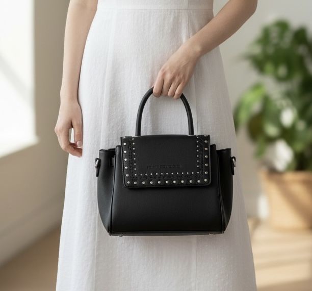 NEW French Connection Bellita Purse crossbody bag Black Faux Leather Silver Studs