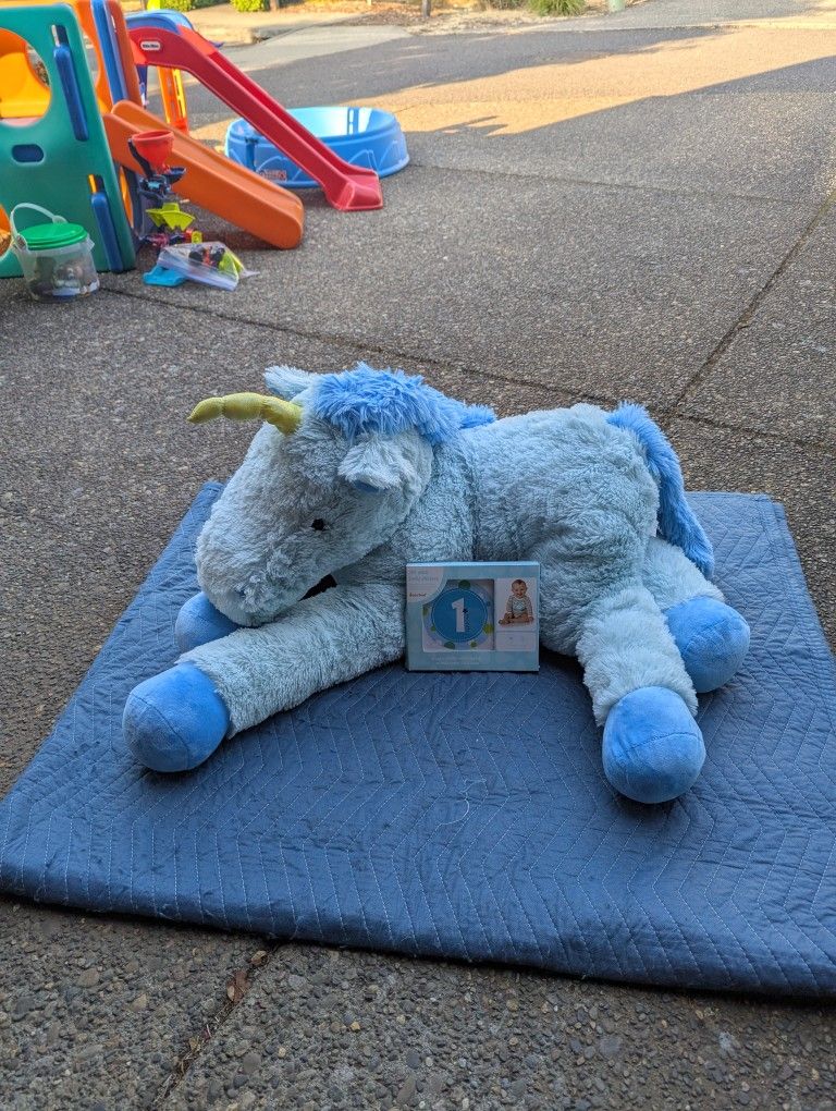 Large Blue Unicorn Plush Toy And Grow Stickers