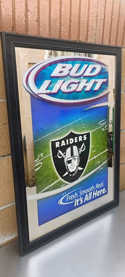 BUD LIGHT ( RAIDERS ) FRAME. ( ALSO PLENTY OF NEON SIGNS / LIGHTS AVAILABLE FOR SALE ) DODGERS & ANGELS BOBBLEHEADS AVAILABLE. TAP HANDLES .