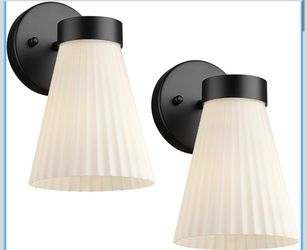 Bathroom Wall Sconce Set of Two, HWH Wall Vanity Light with Frosted White Striped Shade, Industrial Wall Lamp Matte Black for Bathroom Doorway, 5HZG97