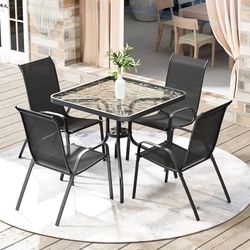 5 Piece Outdoor Patio Dining Set (Umbrella not Included), Porch Furniture with 4 Textline Chairs, 1 Square Glass Table for Garden, Backyard and Poolsi