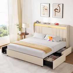 New in the box Upholstered Platform Bed with 4-Drawer Storage and Charging Station(E770)