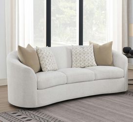 New Modern Curved Sofa | Light Latte Boucle Upholstery | Plush Down-Filled Cushions | Contemporary Design