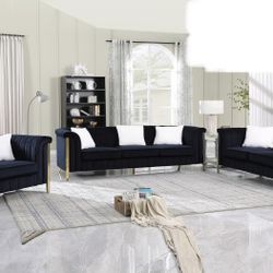Black Velvet And Gold 3 Piece Sofa Set 