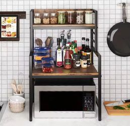 2-Tier Industrial Countertop Microwave Stand Rustic Wood Board Black Metal Frame Small Kitchen Storage Organizer With Raised Back Lip Heavy Duty Compa