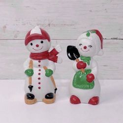 Set Of 2 Vintage Flambro Snowman Porcelain Christmas Decor Figurine
