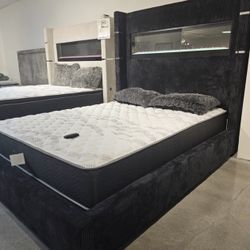 BLACK VELVET FIREPLACE BED 🔥🔥🔥 Tall Headboard! FAST DELIVERY!!! 🚚 