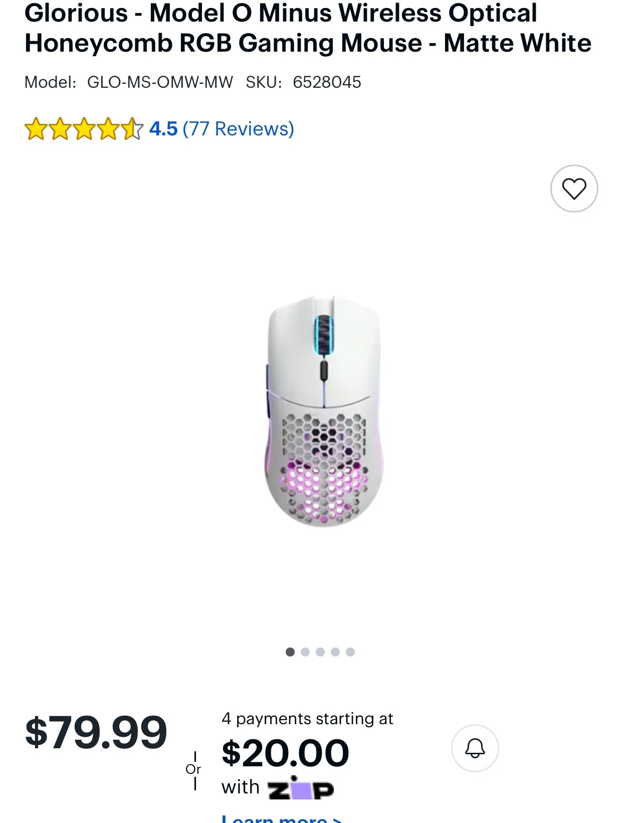 Glorious - Model O Minus Wireless Optical Honeycomb RGB Gaming Mouse - Matte White